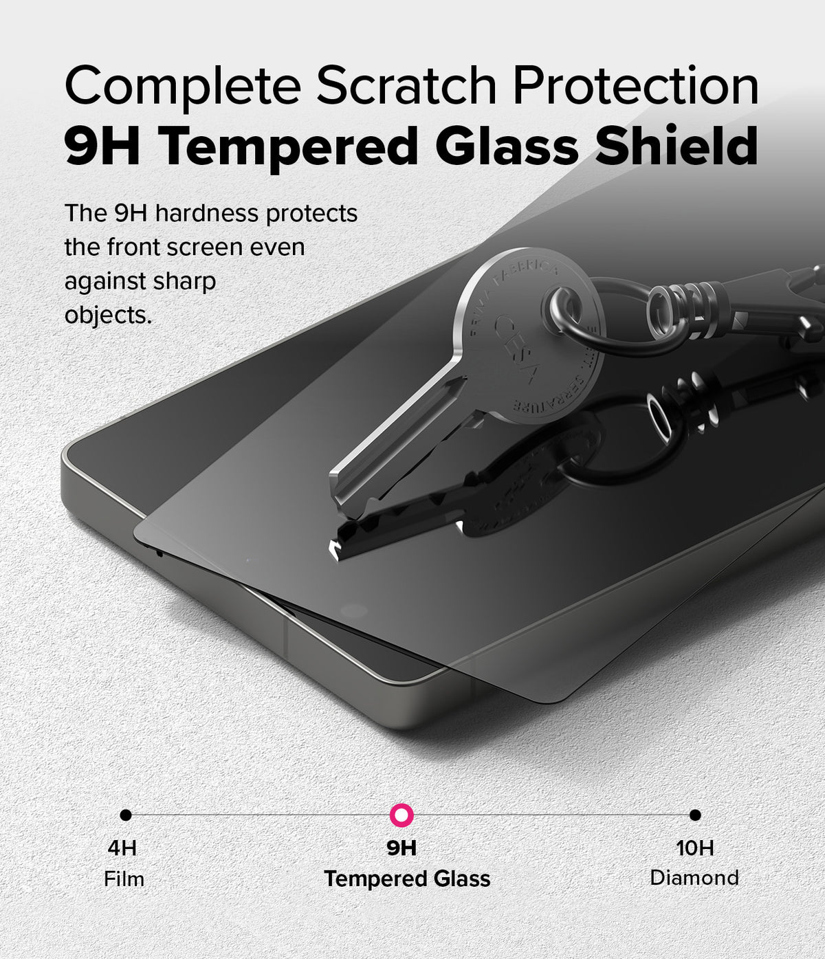 Galaxy S25 Ultra Screen Protector | Easy Slide Privacy Tempered Glass - Galaxy S25 Ultra Screen Protector - A metal key rests on a 9H tempered glass screen protector atop a smartphone.
