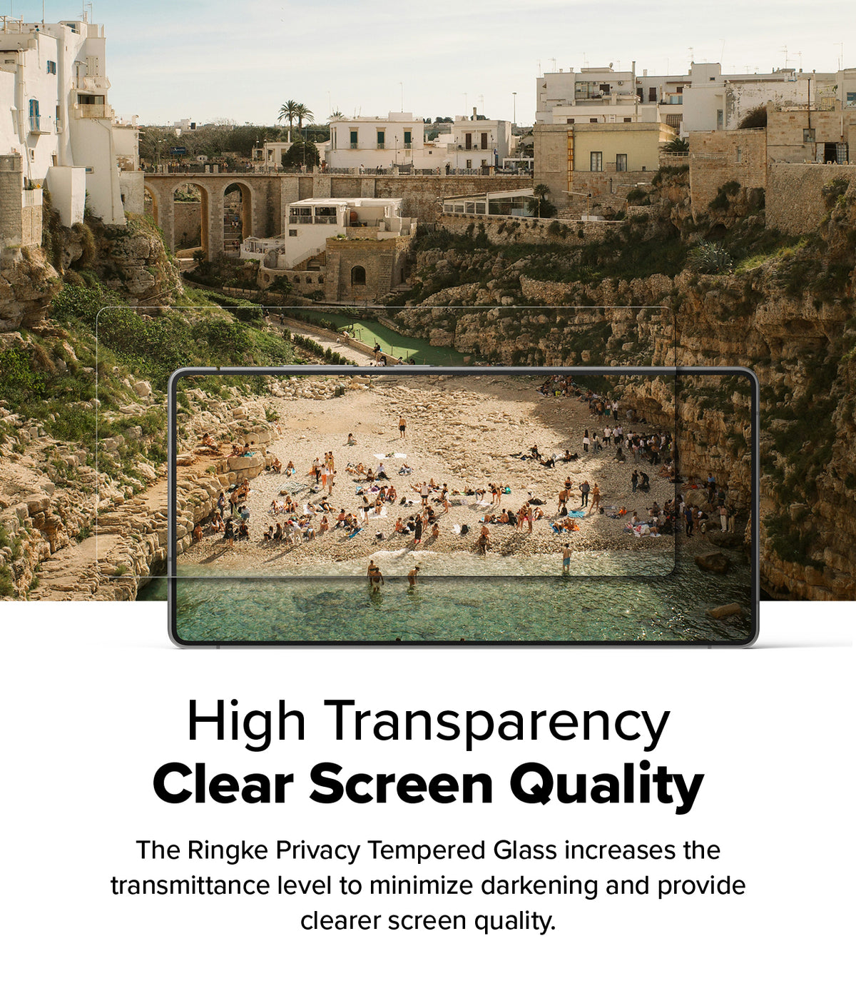 Galaxy S25 Ultra Screen Protector | Easy Slide Privacy Tempered Glass - Galaxy S25 Ultra Screen Protector - Smartphone displaying a clear beach scene through a privacy tempered glass overlay.