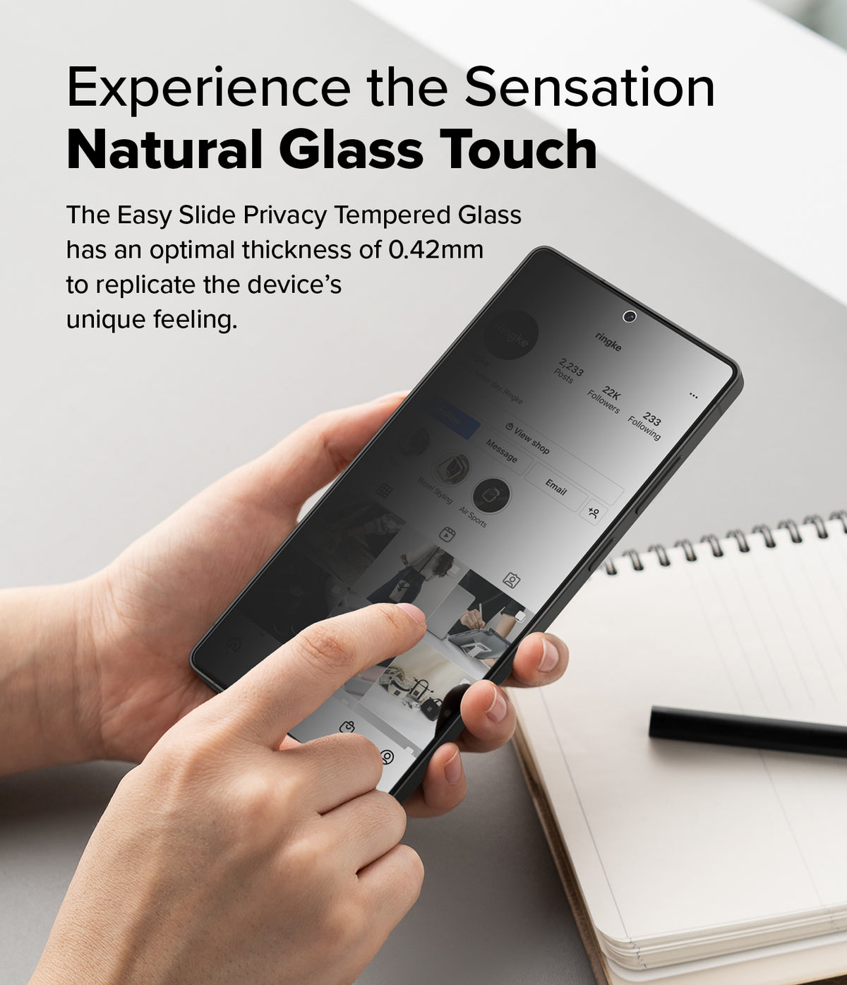 Galaxy S25 Ultra Screen Protector | Easy Slide Privacy Tempered Glass - Galaxy S25 Ultra Screen Protector - Hands holding a phone with a privacy screen protector displaying a social media profile.