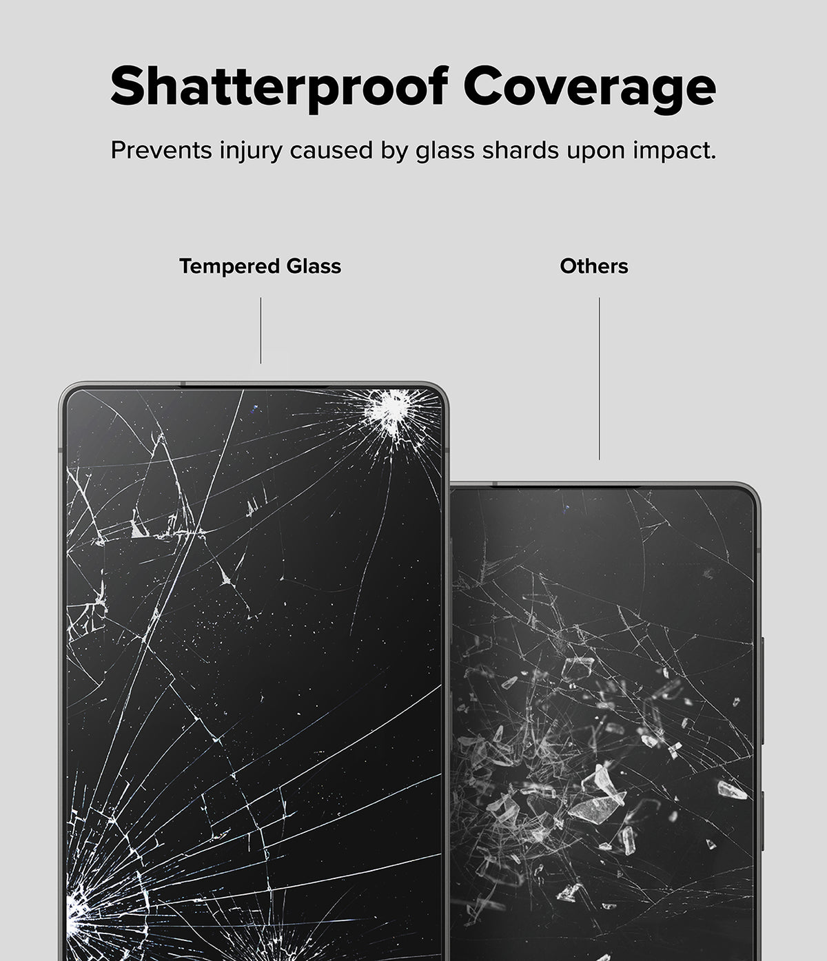 Galaxy S25 Ultra Screen Protector | Easy Slide Tempered Glass - Galaxy S25 Ultra Screen Protector - Comparison showing tempered glass with fine cracks versus others with loose shards.