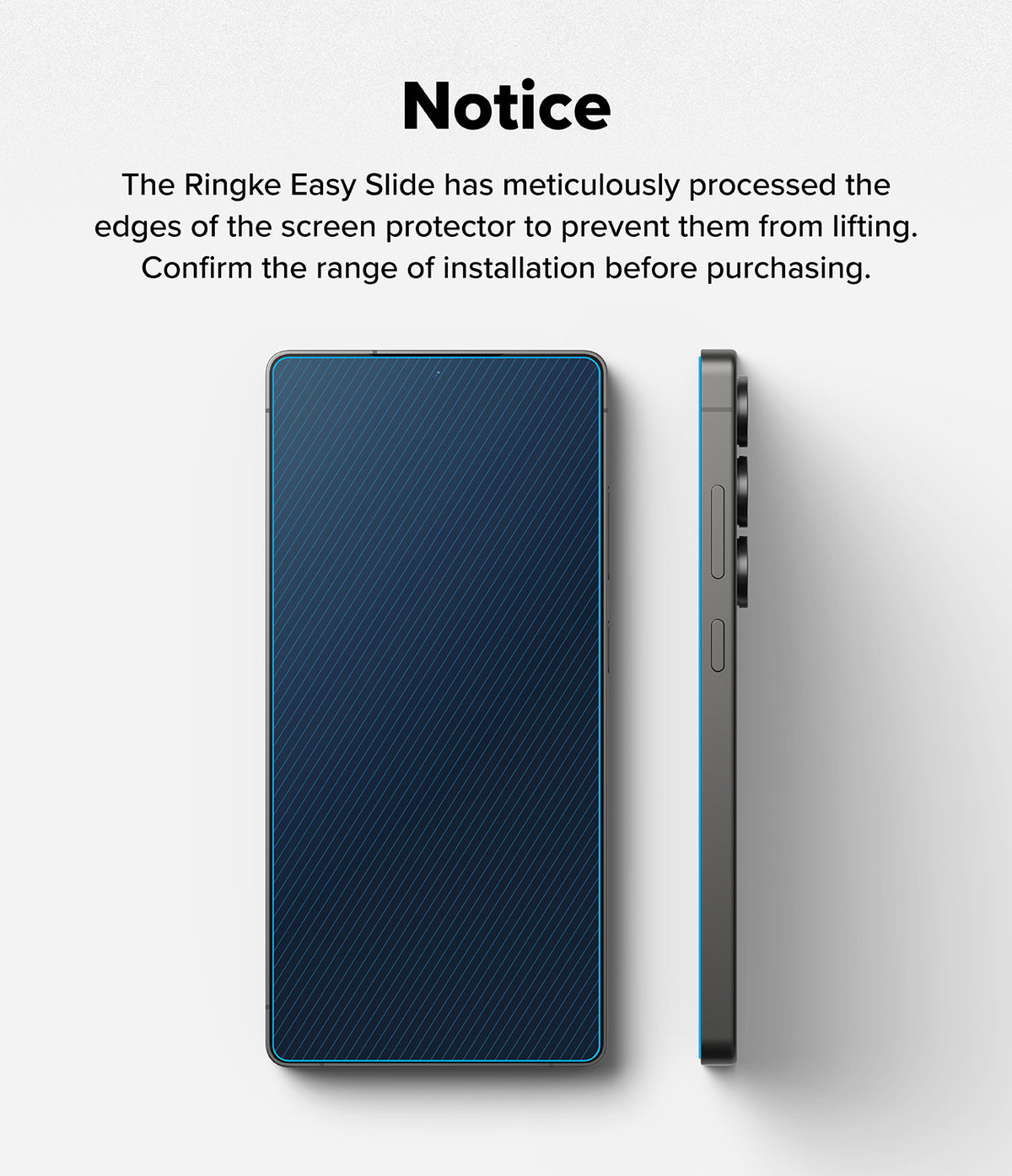 Galaxy S25 Ultra Screen Protector | Easy Slide Tempered Glass - Galaxy S25 Ultra Screen Protector - Front and side views of a smartphone with a blue-edged screen protector applied.