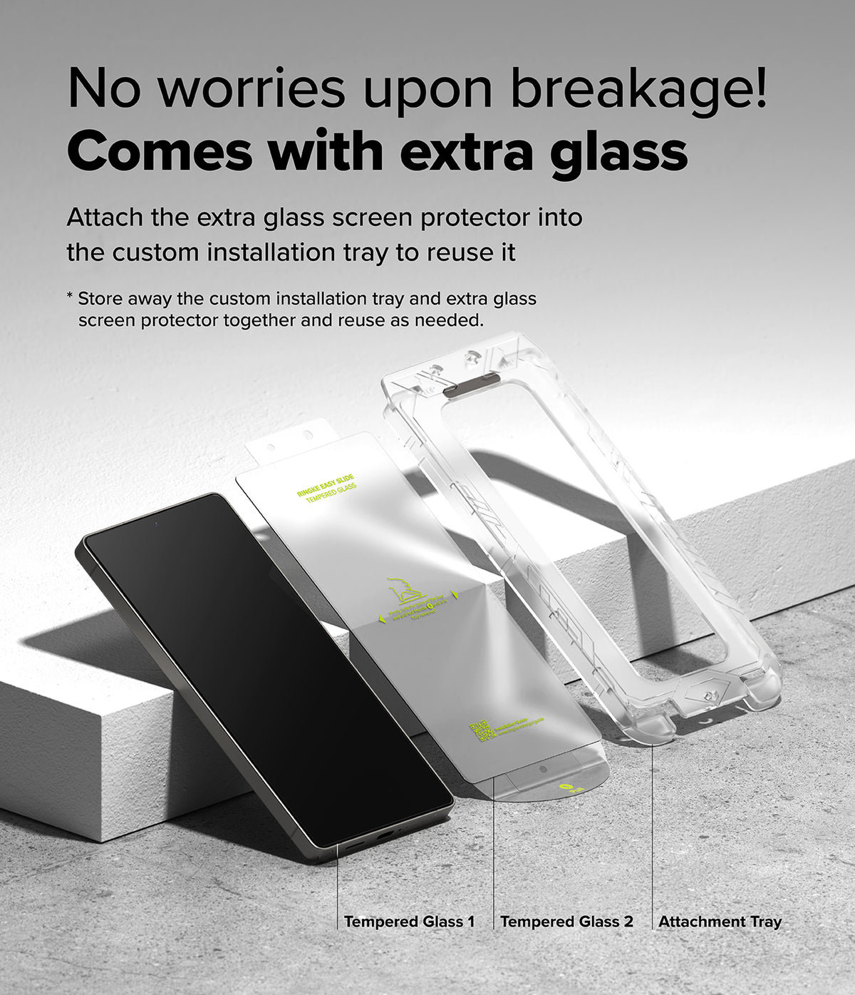 Galaxy S25 Ultra Screen Protector | Easy Slide Tempered Glass - Galaxy S25 Ultra Screen Protector - Smartphone, two tempered glass sheets, and an installation tray on a gray surface.
