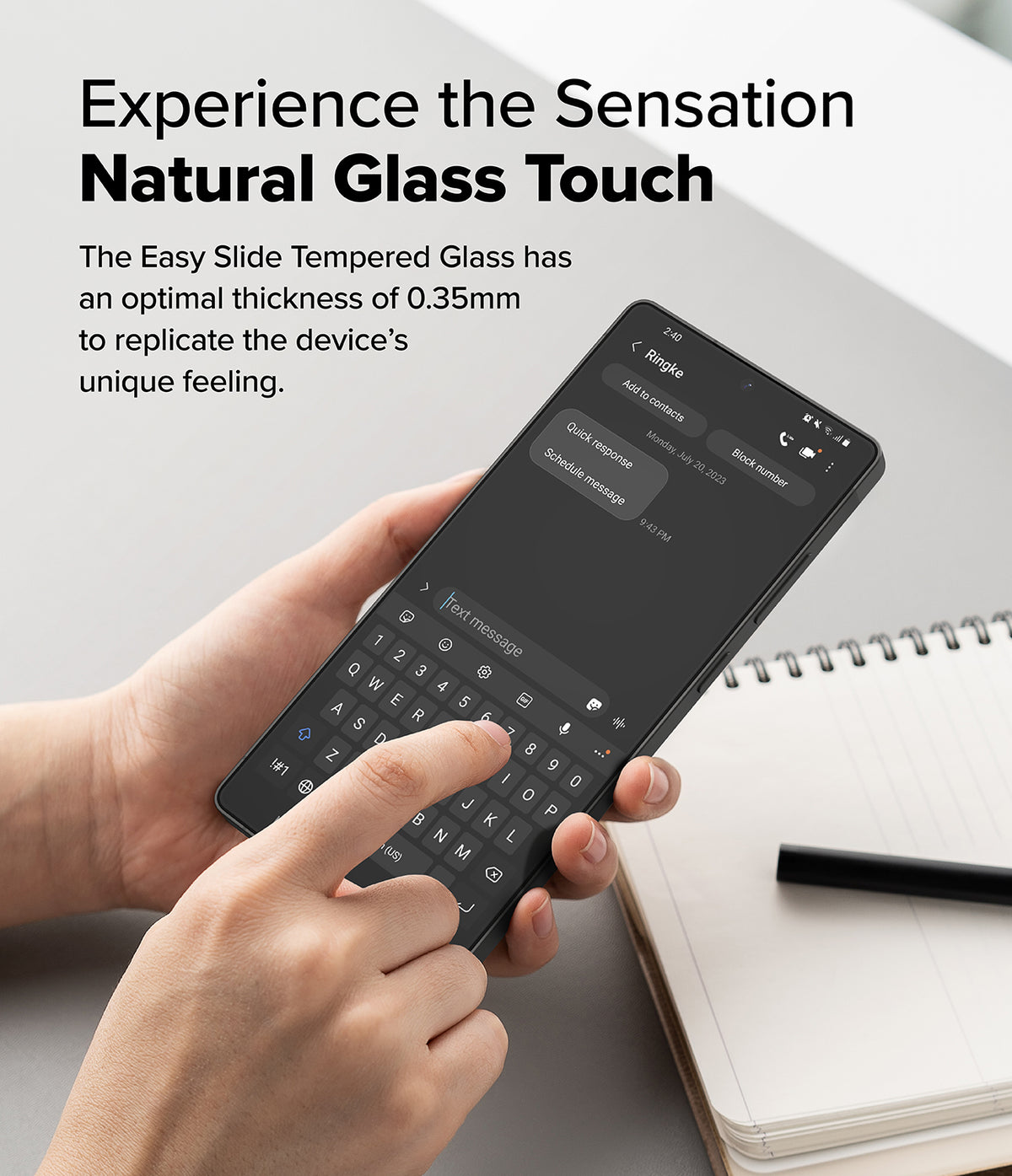 Galaxy S25 Ultra Screen Protector | Easy Slide Tempered Glass - Galaxy S25 Ultra Screen Protector - Hands holding a smartphone with a screen protector, typing on the digital keyboard.