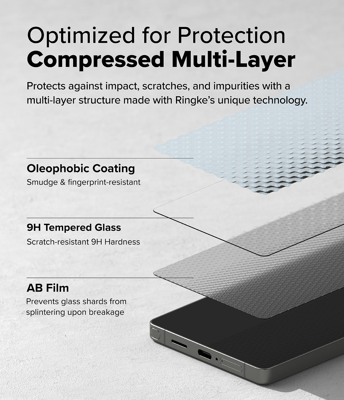 Galaxy S25 Ultra Screen Protector | Easy Slide Tempered Glass - Galaxy S25 Ultra Screen Protector - Exploded view showing oleophobic coating, 9H tempered glass, and AB film layers.