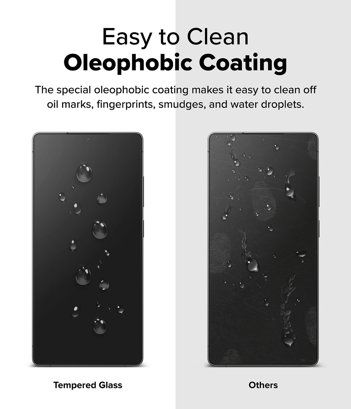 Galaxy S25 Ultra Screen Protector | Easy Slide Tempered Glass - Galaxy S25 Ultra Screen Protector - Comparison showing water beading on oleophobic glass versus smudges on standard glass.