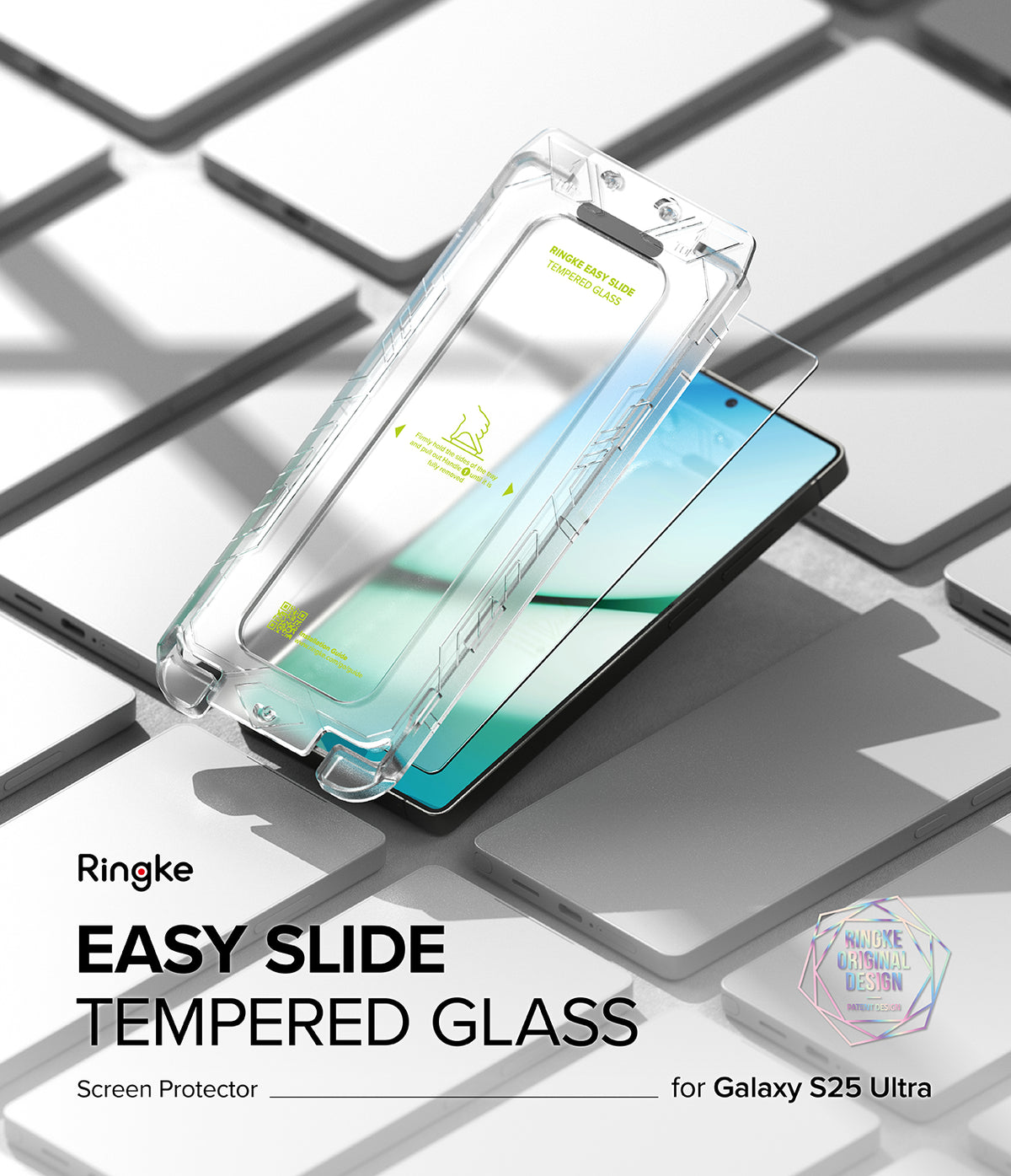 [Bundle] Galaxy S25 Ultra | Silicone Magnetic - Clear Easy Slide installation tray hovering over a Galaxy S25 Ultra.