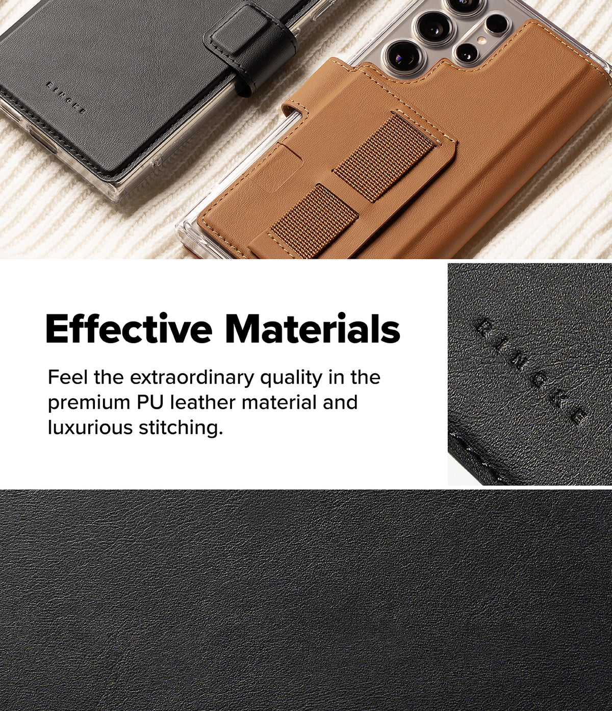 [Combo] Galaxy S25 Ultra Case | Folio Grip Wallet Magnetic + Fusion Magnetic - Black and tan leather phone cases with magnetic grips and textured material close-ups.