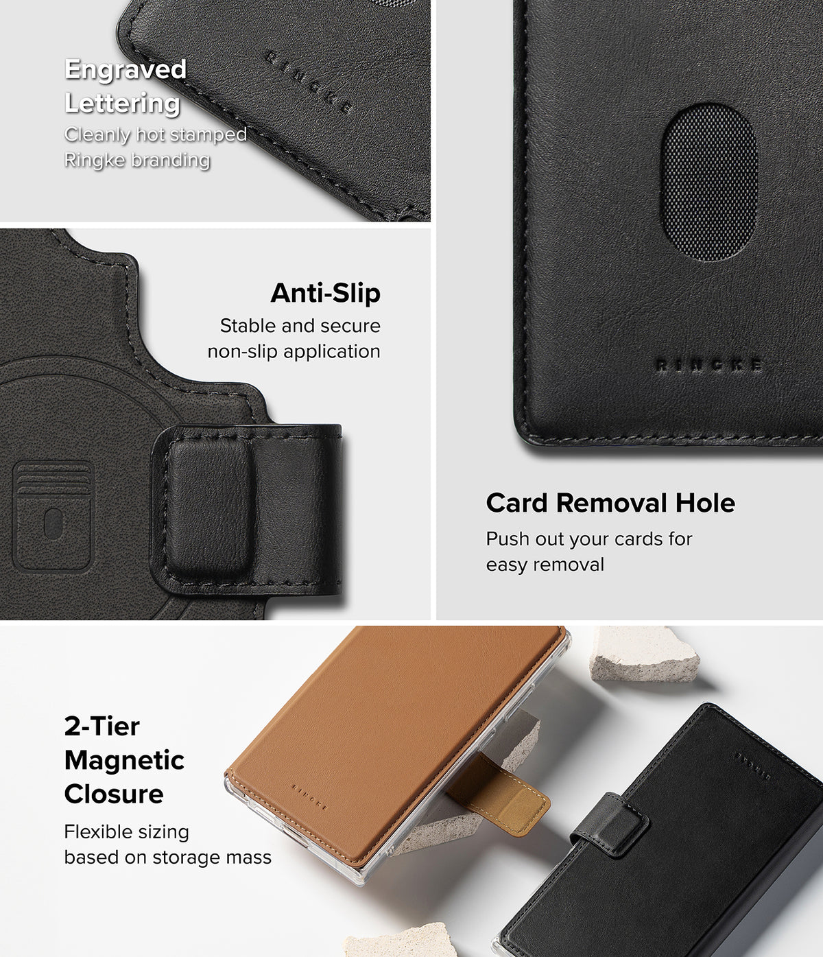 [Combo] Galaxy S25 Ultra Case | Folio Grip Wallet Magnetic + Fusion Magnetic - Close-ups of black leather wallet features: engraved branding, card removal hole, and magnetic closure.