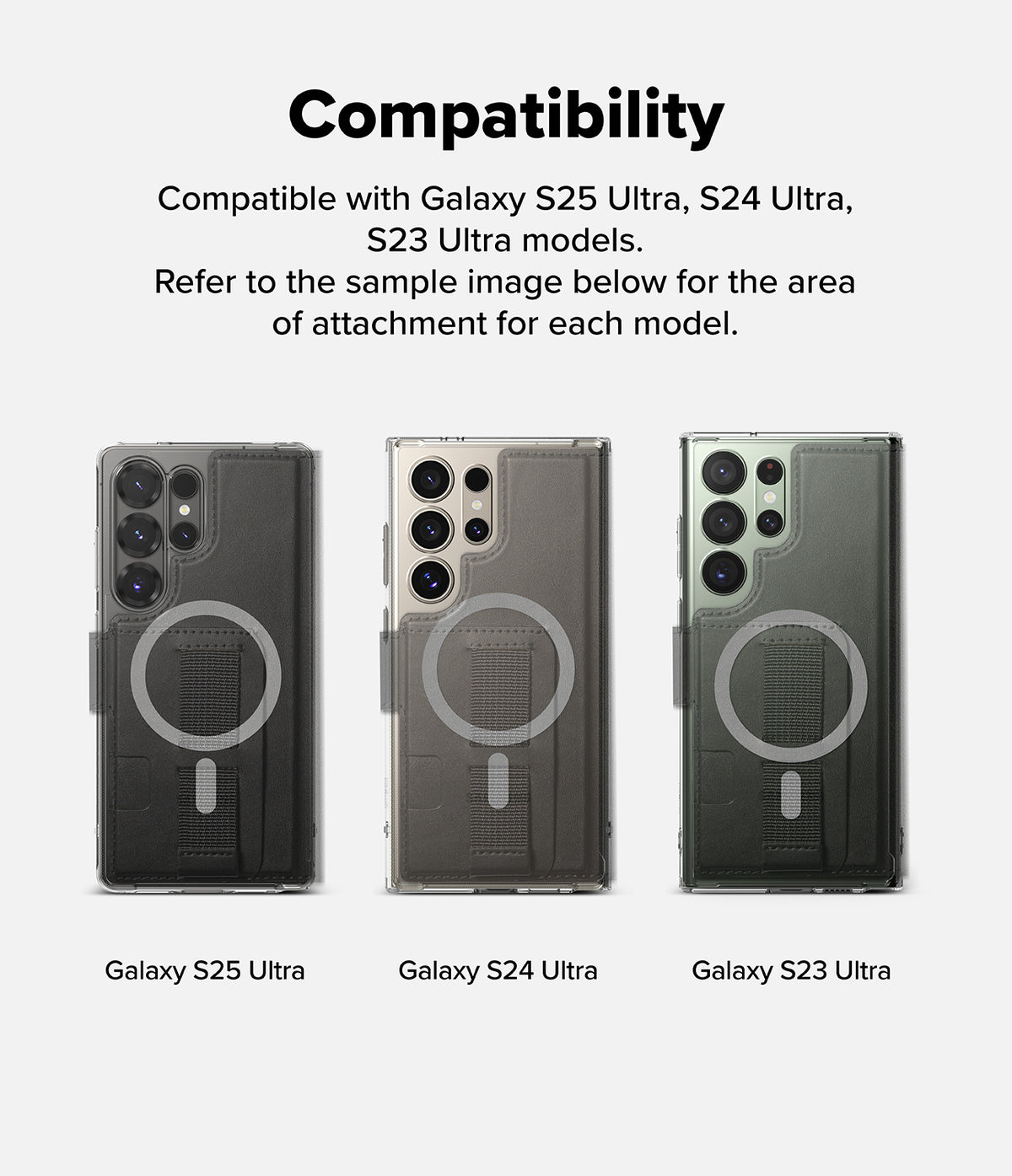[Combo] Galaxy S25 Ultra Case | Folio Grip Wallet Magnetic + Fusion Magnetic - Compatibility chart showing three phones with magnetic wallet cases attached.