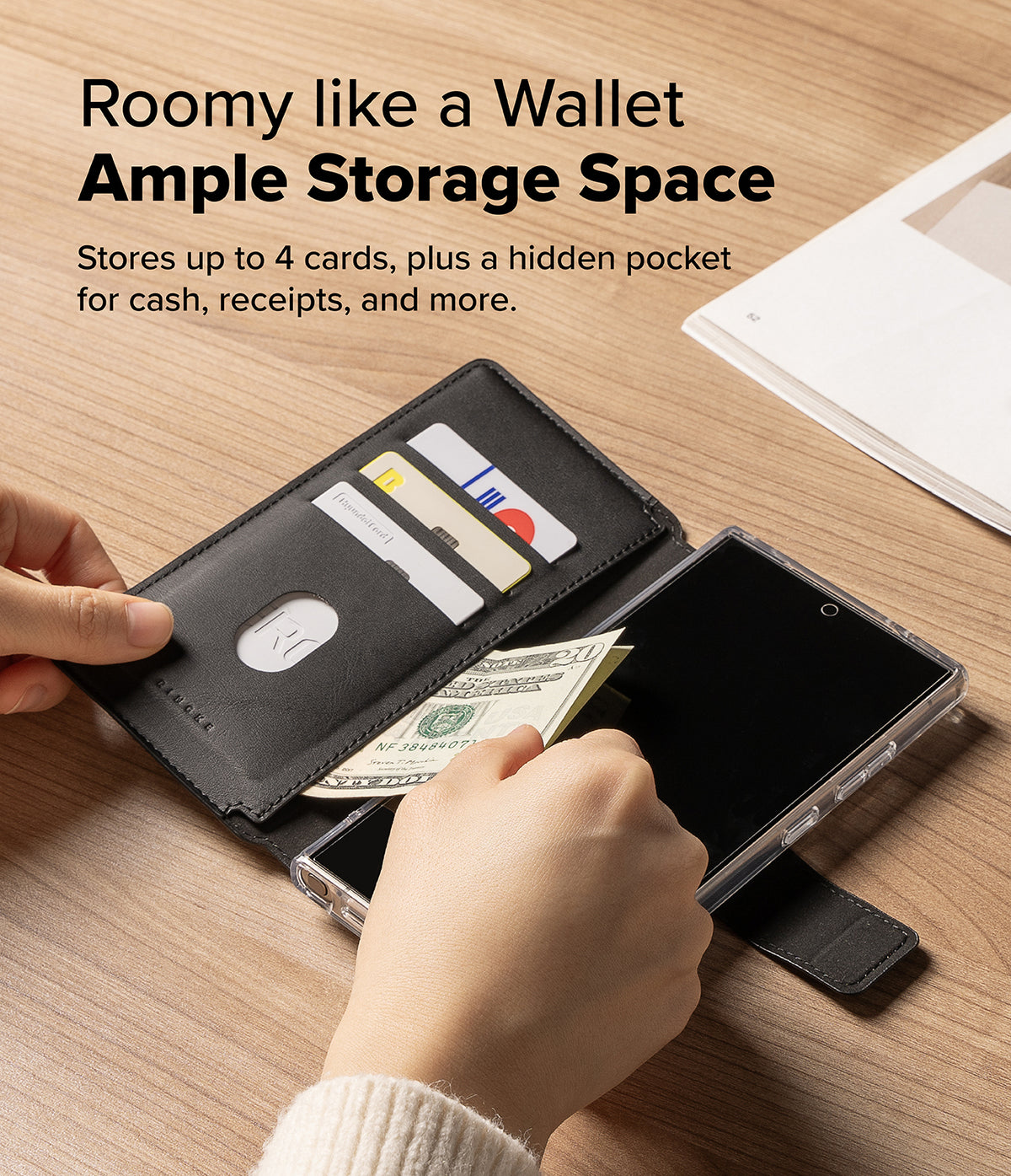 [Combo] Galaxy S25 Ultra Case | Folio Grip Wallet Magnetic + Fusion Magnetic - Open black folio wallet case holding cards and cash with a clear phone case attached.