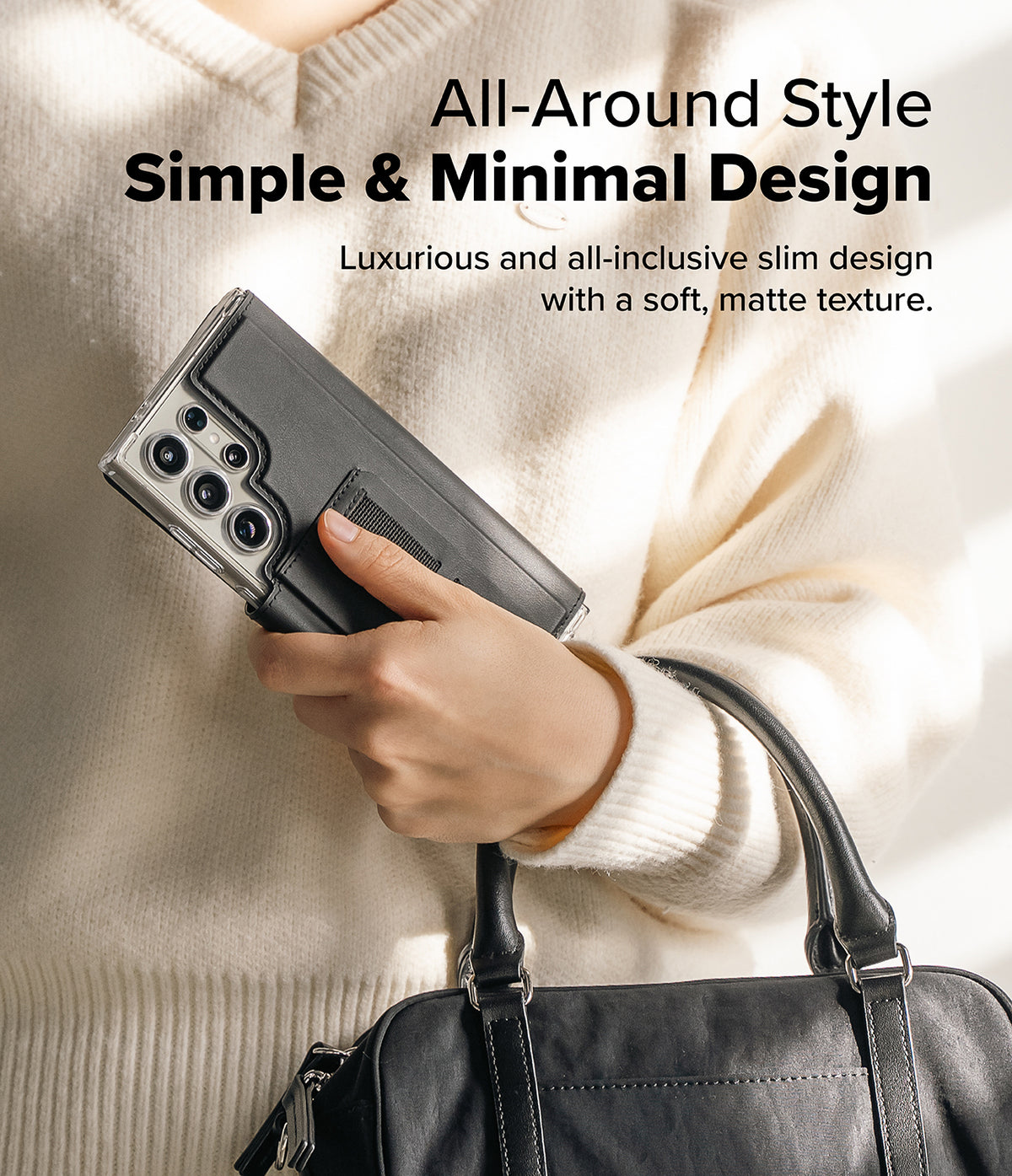 [Combo] Galaxy S25 Ultra Case | Folio Grip Wallet Magnetic + Fusion Magnetic - Hand holding a black magnetic folio case on a Galaxy S25 Ultra, worn with a cream sweater.