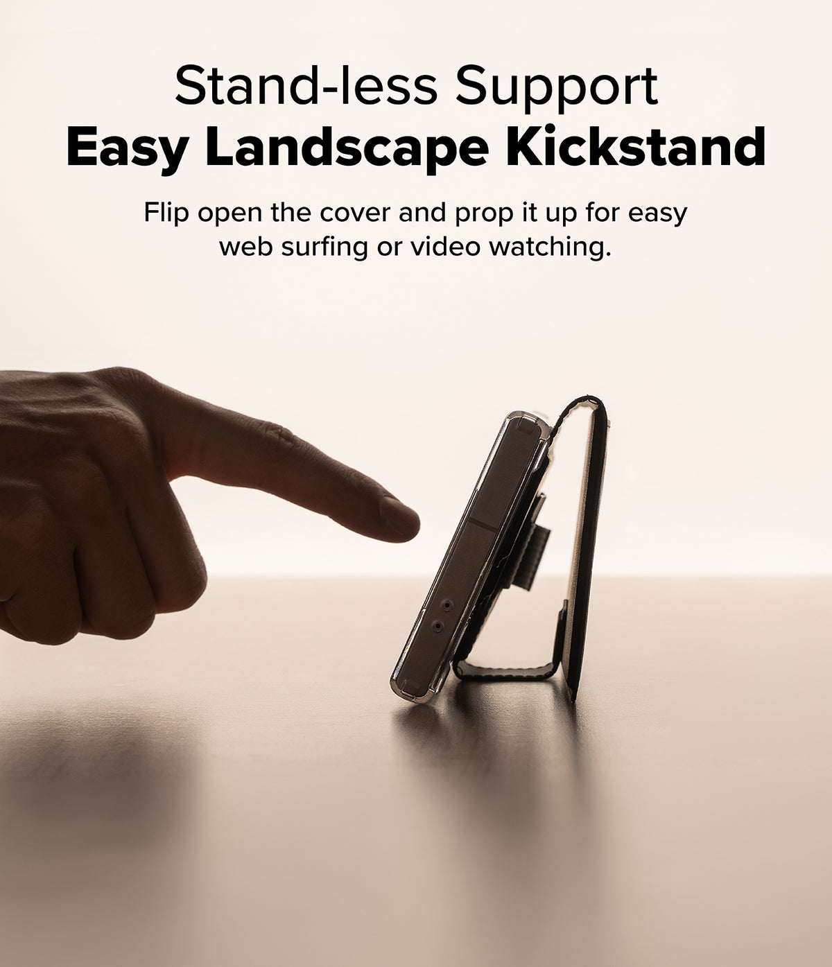 [Combo] Galaxy S25 Ultra Case | Folio Grip Wallet Magnetic + Fusion Magnetic - A hand touches a phone propped up by its folio case.