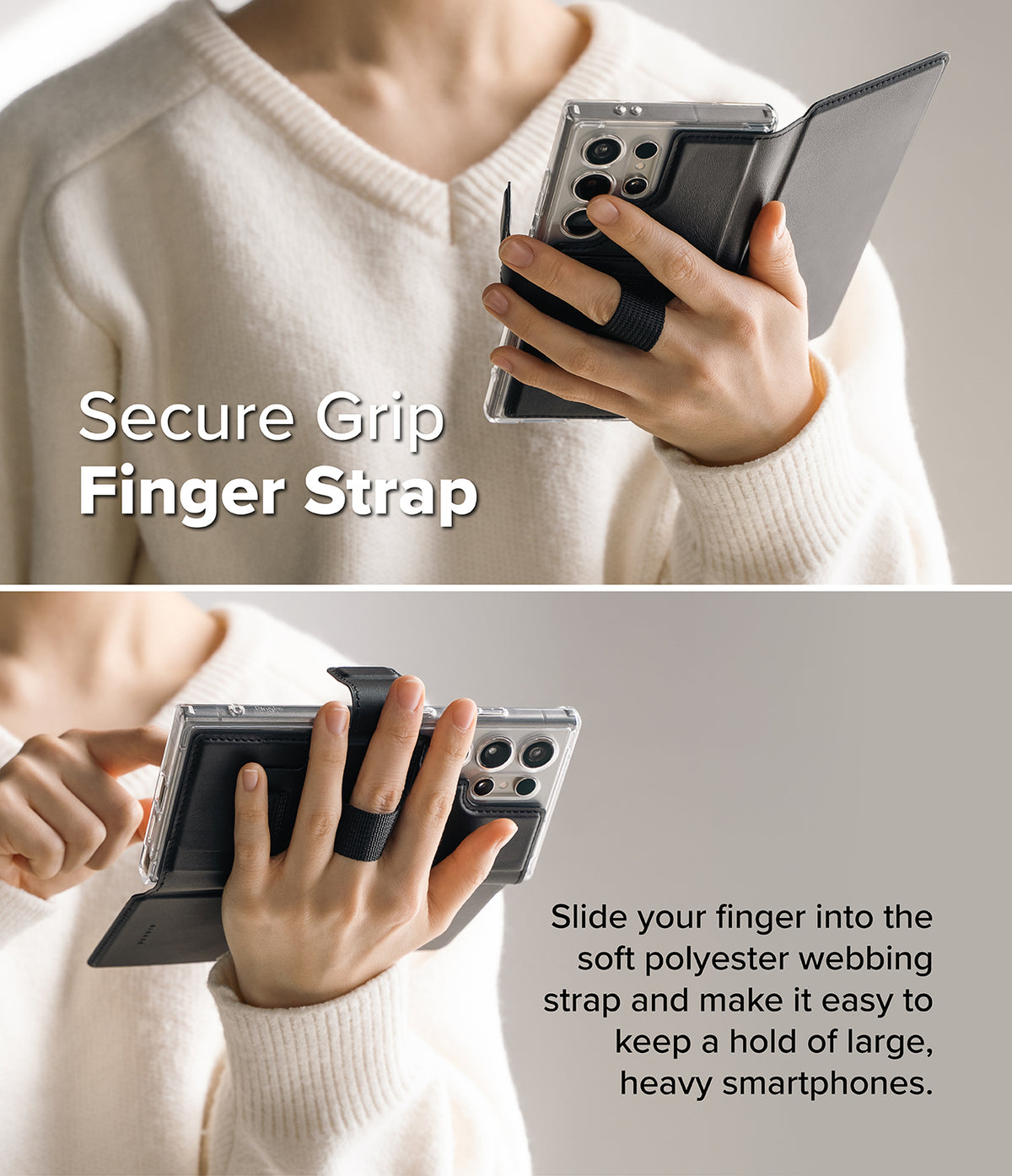 [Combo] Galaxy S25 Ultra Case | Folio Grip Wallet Magnetic + Fusion Magnetic - Person holding phone with a black finger strap attached to the magnetic folio case.