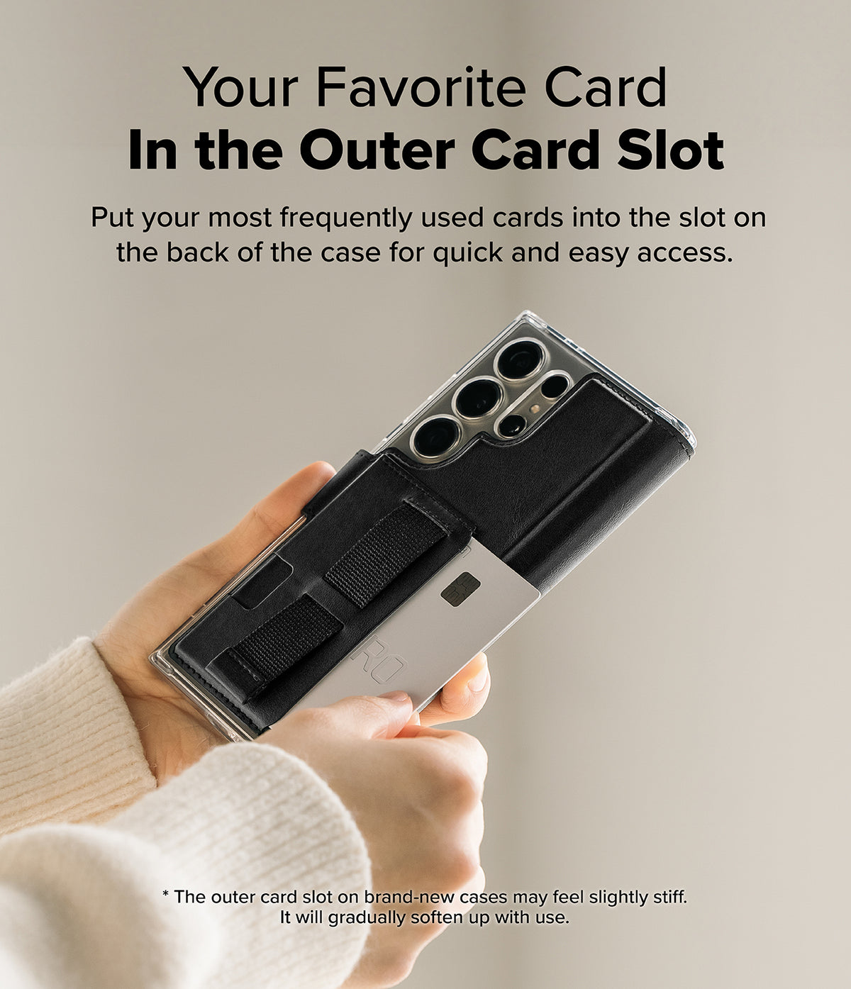 [Combo] Galaxy S25 Ultra Case | Folio Grip Wallet Magnetic + Fusion Magnetic - Hand holding a phone with a black wallet case featuring an outer card slot and elastic grip.