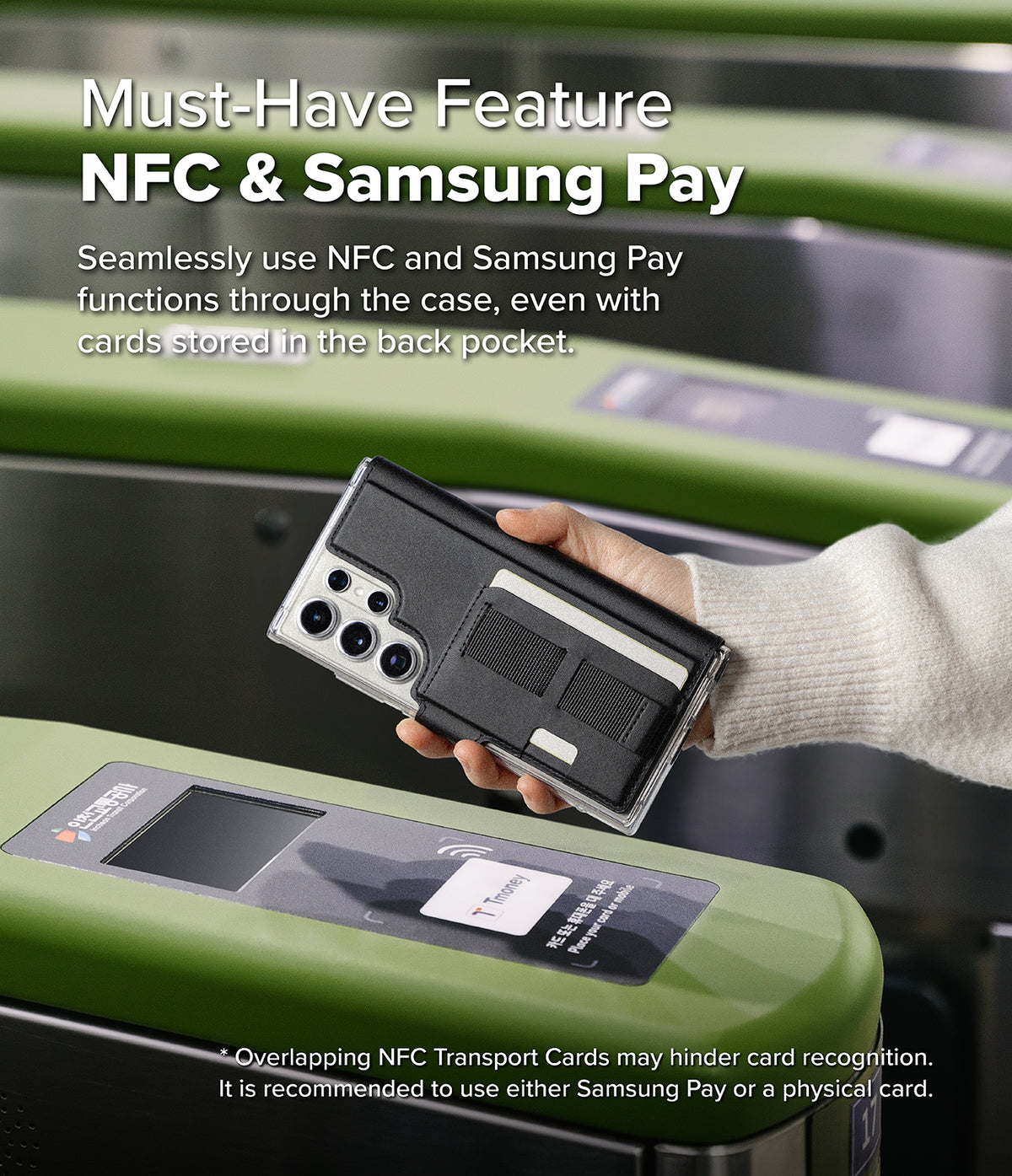 [Combo] Galaxy S25 Ultra Case | Folio Grip Wallet Magnetic + Fusion Magnetic - Hand holding a phone with a black wallet case over a transit gate NFC reader.