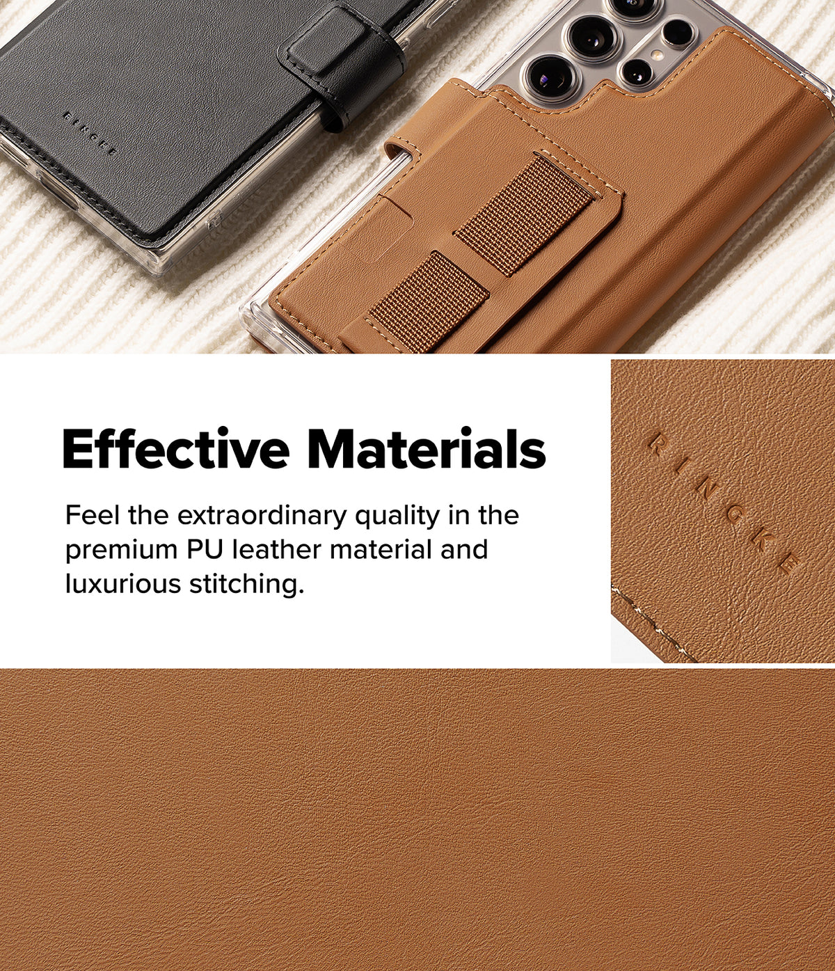 [Combo] Galaxy S25 Ultra Case | Folio Grip Wallet Magnetic + Fusion Magnetic - Black and brown leather phone cases with magnetic grips and detailed stitching textures.