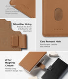 Galaxy S25 Ultra Cover | Folio Grip Wallet Magnetic - Galaxy S25 Ultra Cover - Features of a brown magnetic folio wallet showing branding, microfiber lining, and magnetic closure.