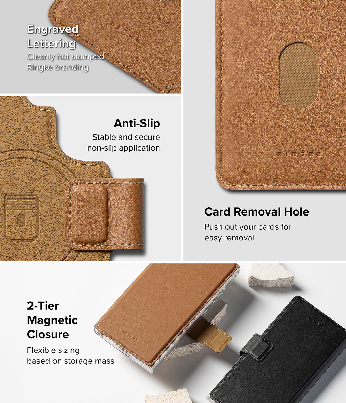 [Combo] Galaxy S25 Ultra Case | Folio Grip Wallet Magnetic + Fusion Magnetic - Close-ups of tan leather wallet features including branding, card slot, and magnetic closure.