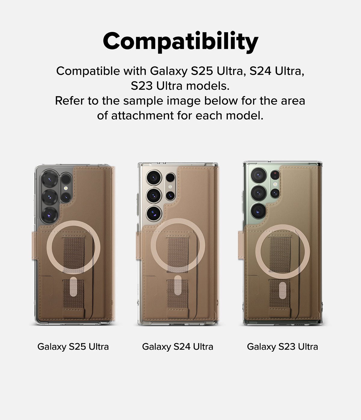 [Combo] Galaxy S25 Ultra Case | Folio Grip Wallet Magnetic + Fusion Magnetic - Compatibility chart showing magnetic wallet cases on Galaxy S25, S24, and S23 Ultra phone models.