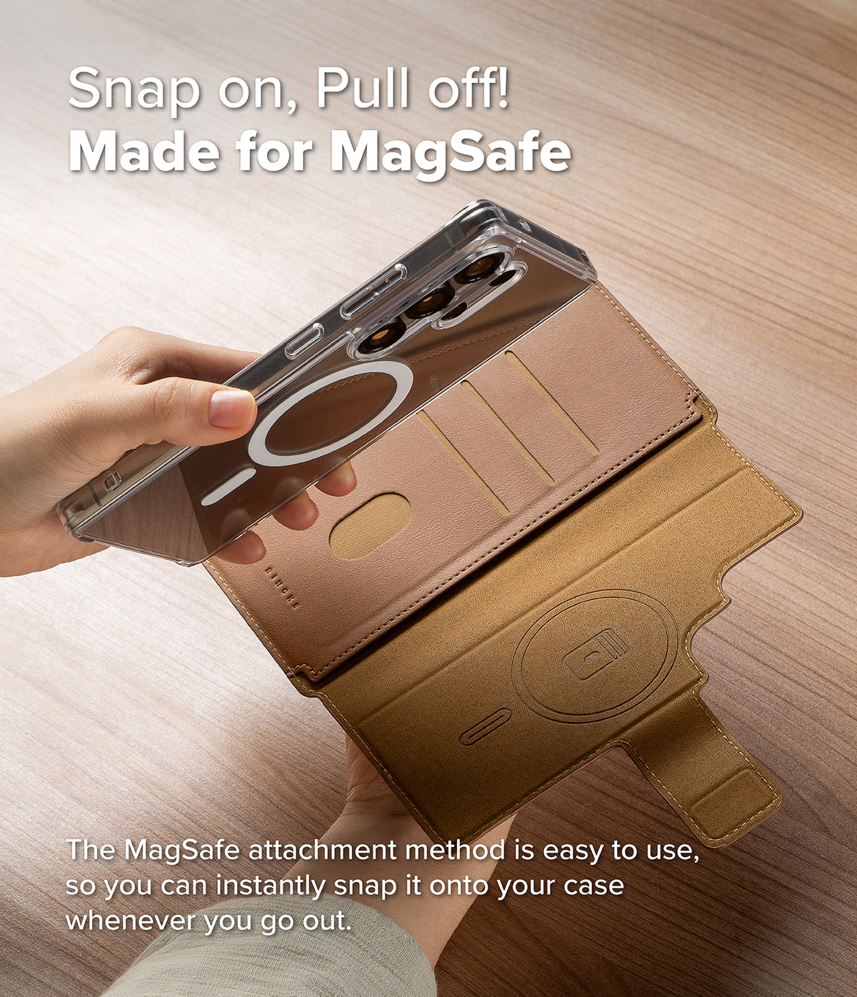 [Combo] Galaxy S25 Ultra Case | Folio Grip Wallet Magnetic + Fusion Magnetic - A hand attaching a clear magnetic phone case to a brown leather folio wallet case.