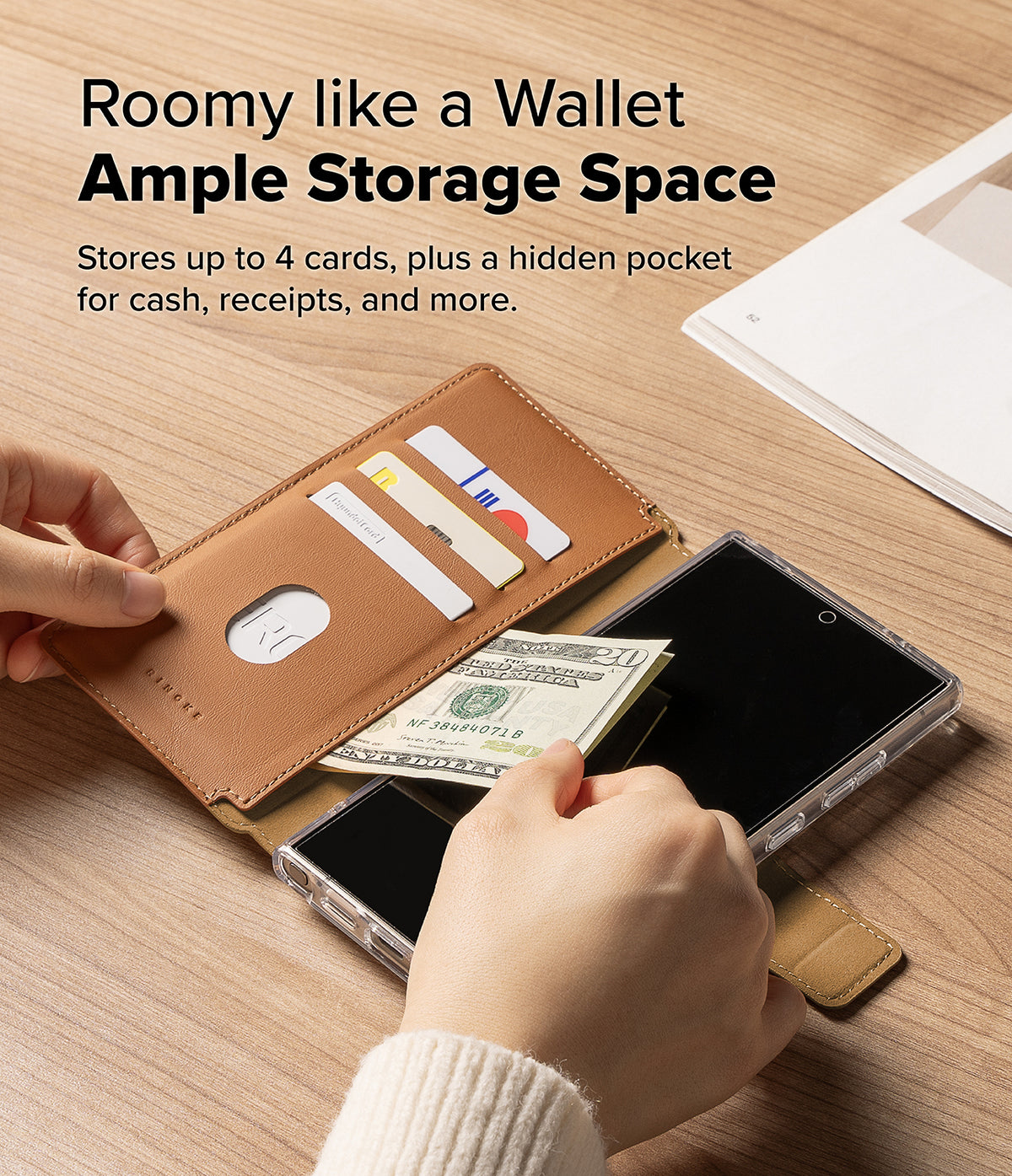 [Combo] Galaxy S25 Ultra Case | Folio Grip Wallet Magnetic + Fusion Magnetic - Tan folio wallet case holding cards and cash over a clear phone case on a wooden desk.