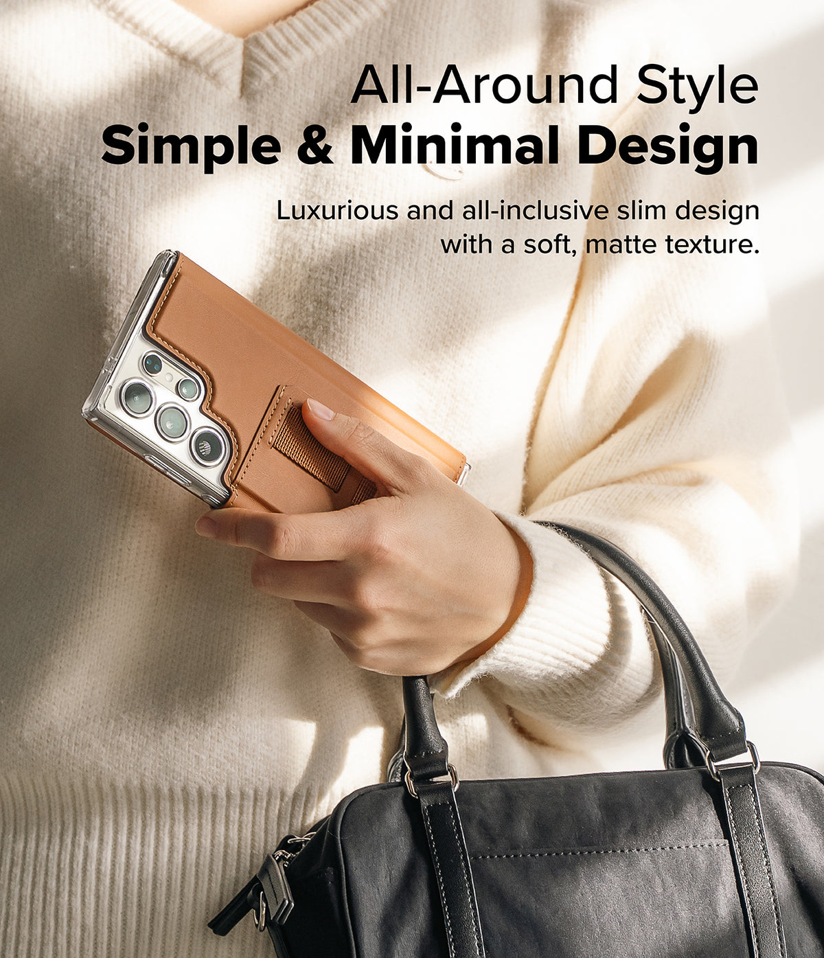 [Combo] Galaxy S25 Ultra Case | Folio Grip Wallet Magnetic + Fusion Magnetic - Hand holding a tan leather folio case with a grip strap on a Galaxy S25 Ultra phone.