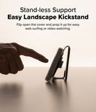Galaxy S25 Ultra Cover | Folio Grip Wallet Magnetic - Galaxy S25 Ultra Cover - A hand touches a phone propped up in landscape mode using its folio cover as a kickstand.