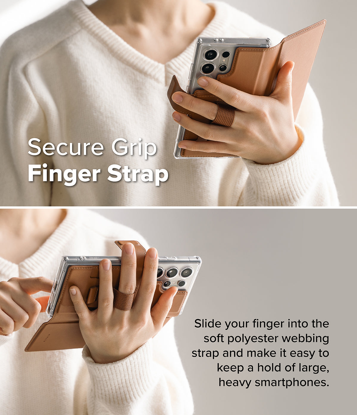 [Combo] Galaxy S25 Ultra Case | Folio Grip Wallet Magnetic + Fusion Magnetic - Person holding a phone with a brown folio case featuring a secure finger strap.