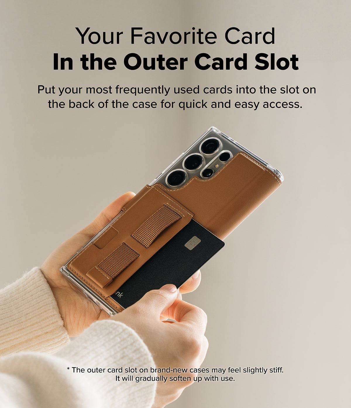 [Combo] Galaxy S25 Ultra Case | Folio Grip Wallet Magnetic + Fusion Magnetic - Hand holding phone with brown leather wallet case, showing a black card in the outer slot.
