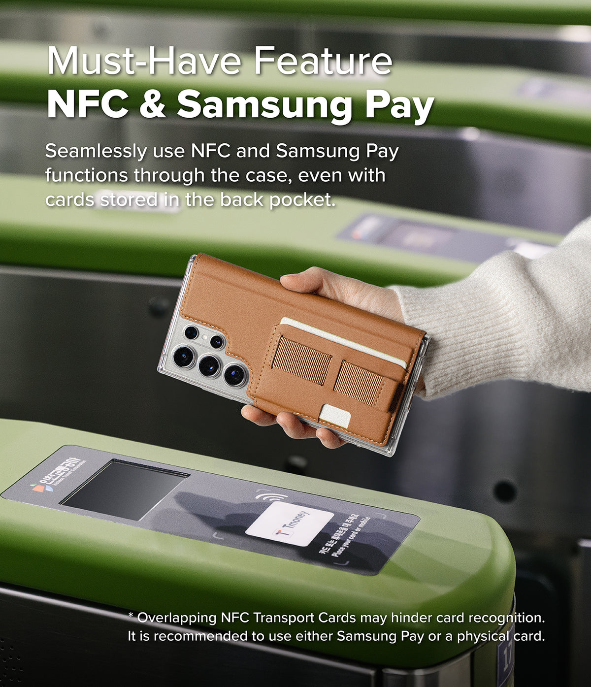 [Combo] Galaxy S25 Ultra Case | Folio Grip Wallet Magnetic + Fusion Magnetic - Hand holding a brown wallet case over a subway turnstile to demonstrate NFC payment.