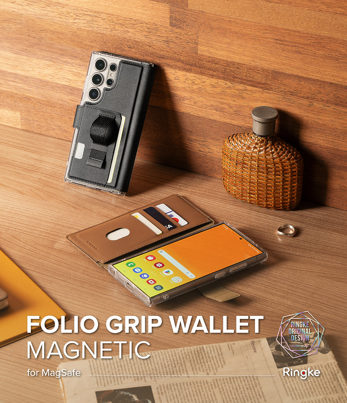 [Combo] Galaxy S25 Ultra Case | Folio Grip Wallet Magnetic + Fusion Magnetic - Black and brown magnetic phone cases on desk.