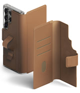 Galaxy S25 Ultra Cover | Folio Grip Wallet Magnetic - Galaxy S25 Ultra Cover - Brown leather folio wallet case with magnetic strap, card slots, and integrated hand grip.