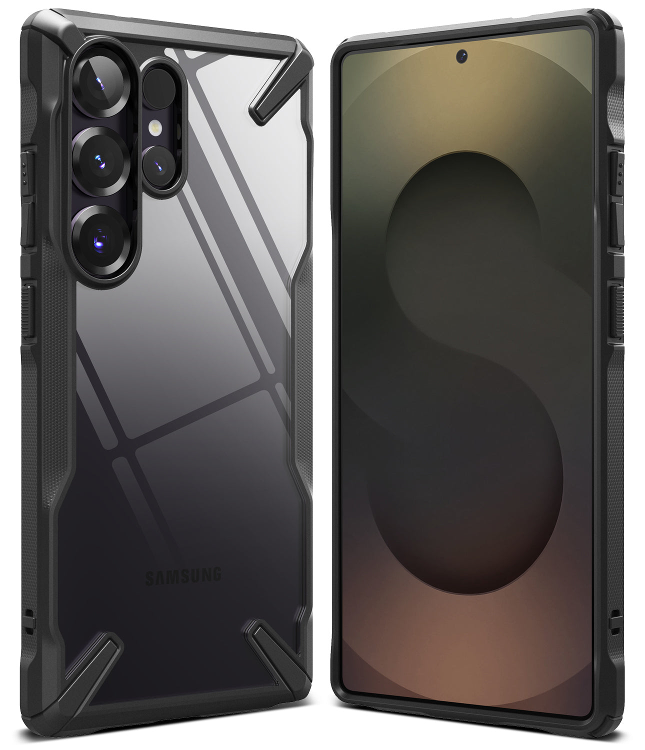 Galaxy S25 Ultra Case | Fusion-X - Black rugged protective case with clear back panel shown from front and rear angles.