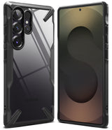 Galaxy S25 Ultra Case | Fusion-X - Black rugged protective case with clear back panel shown from front and rear angles.