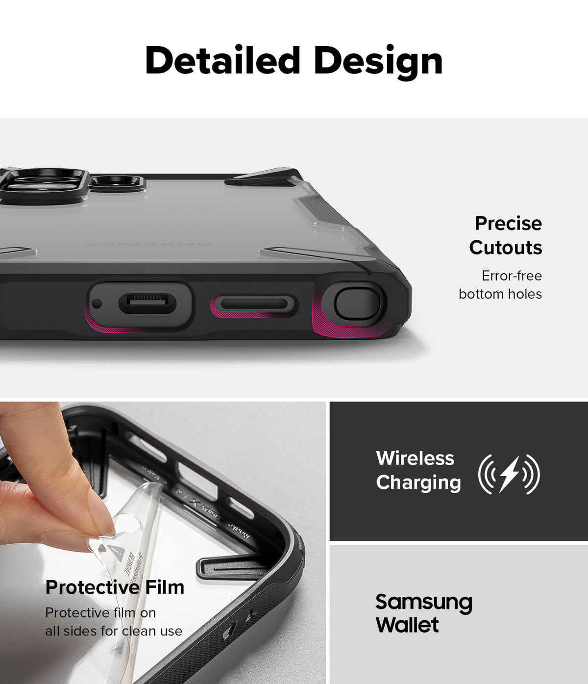Galaxy S25 Ultra Case | Fusion-X - Close-up of precise port cutouts, protective film removal, and wireless charging icons.