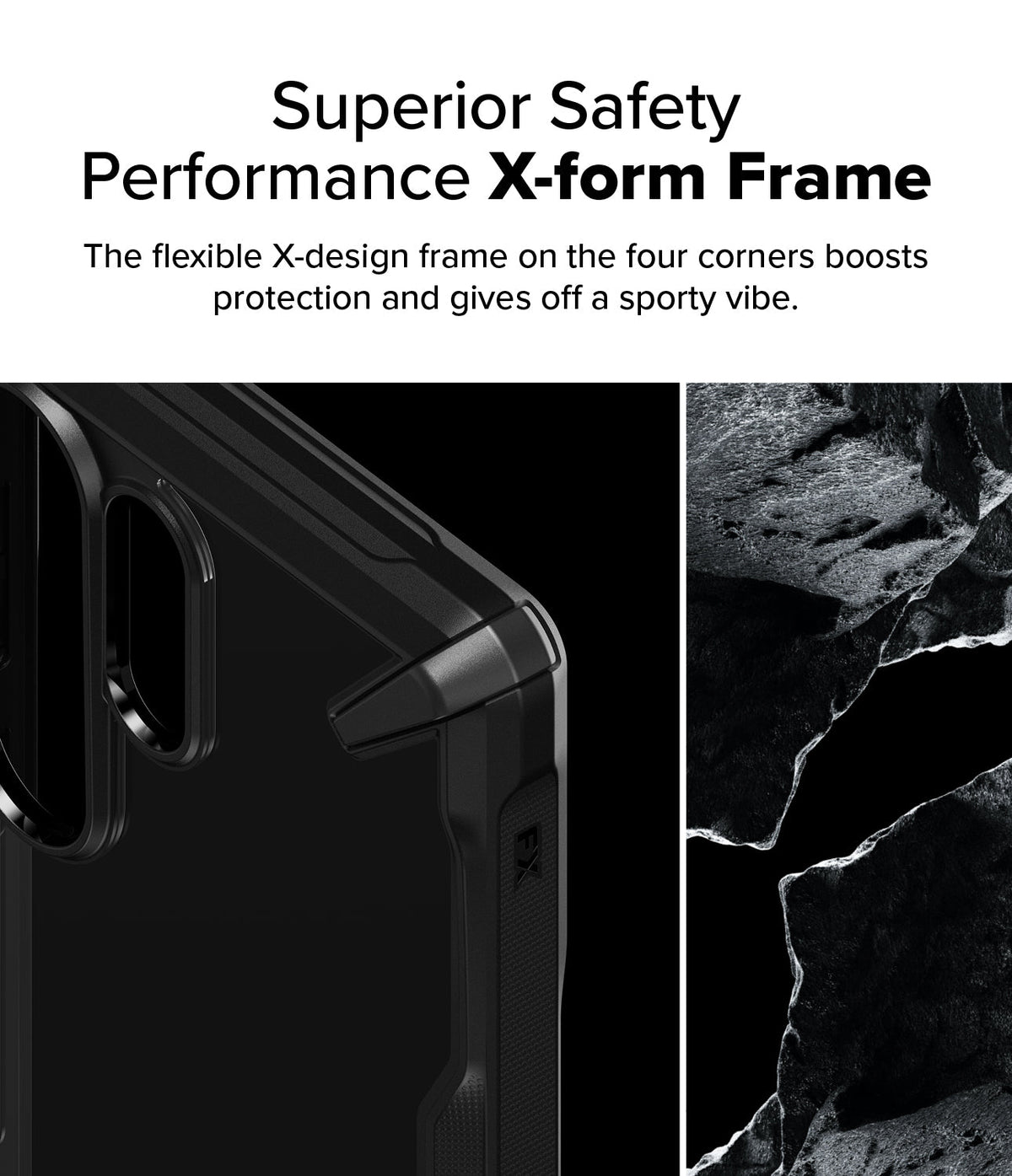 Galaxy S25 Ultra Case | Fusion-X - Close-up of a black phone case corner with a reinforced X-design frame next to a rocky texture.