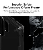 Galaxy S25 Ultra Case | Fusion-X - Close-up of a black phone case corner with a reinforced X-design frame next to a rocky texture.