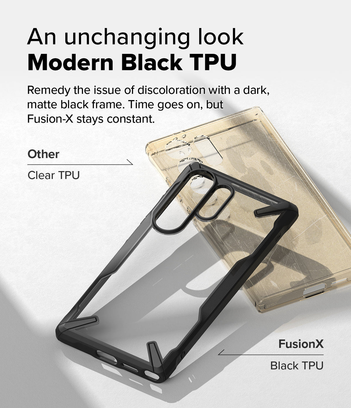 Galaxy S25 Ultra Case | Fusion-X - Comparison of a yellowed clear case and a pristine black Fusion-X case.