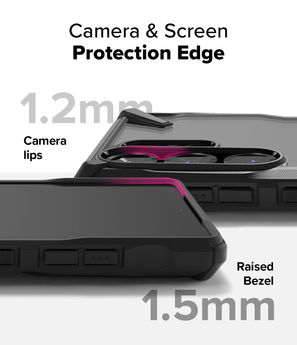 Galaxy S25 Ultra Case | Fusion-X - Close-up showing 1.2mm camera lips and 1.5mm raised screen bezel for device protection.