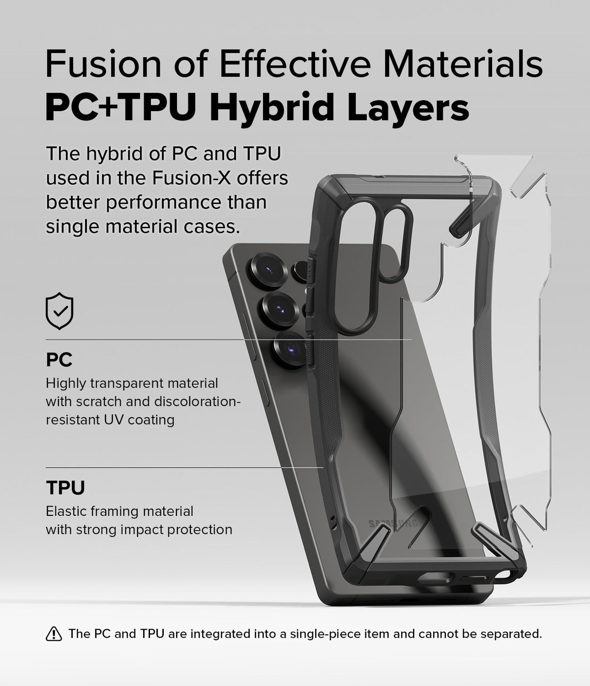 Galaxy S25 Ultra Case | Fusion-X - Exploded view of a hybrid PC and TPU phone case on a Galaxy S25 Ultra, highlighting material layers.