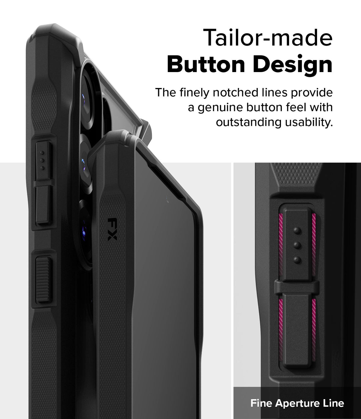 Galaxy S25 Ultra Case | Fusion-X - Close-up of black phone case buttons with textured, notched lines for tactile feedback.