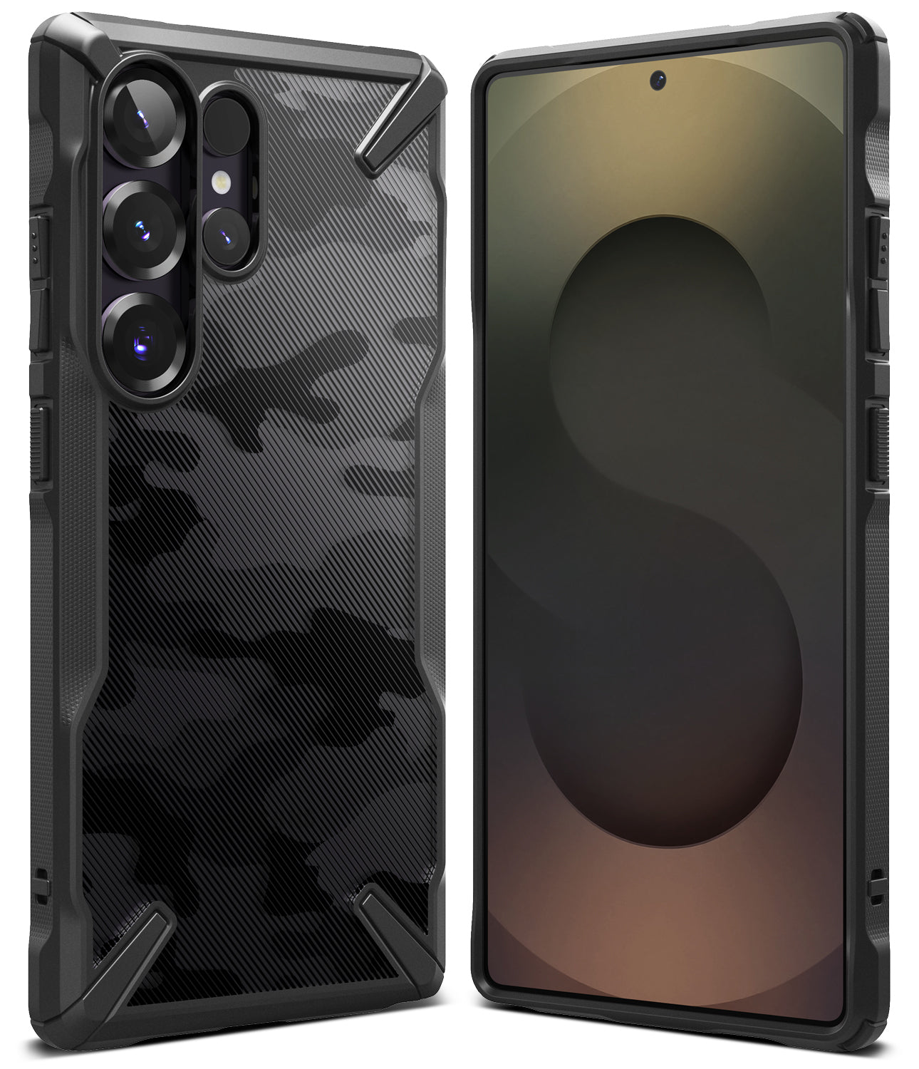 Galaxy S25 Ultra Case | Fusion-X - Black camouflage phone case shown from back and front views on a white background.