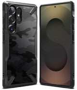 Galaxy S25 Ultra Case | Fusion-X - Black camouflage phone case shown from back and front views on a white background.