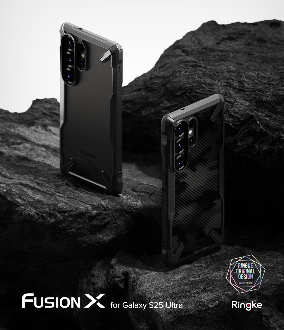 Galaxy S25 Ultra Case | Fusion-X - Two black Fusion-X phone cases displayed on dark, rugged volcanic rock.