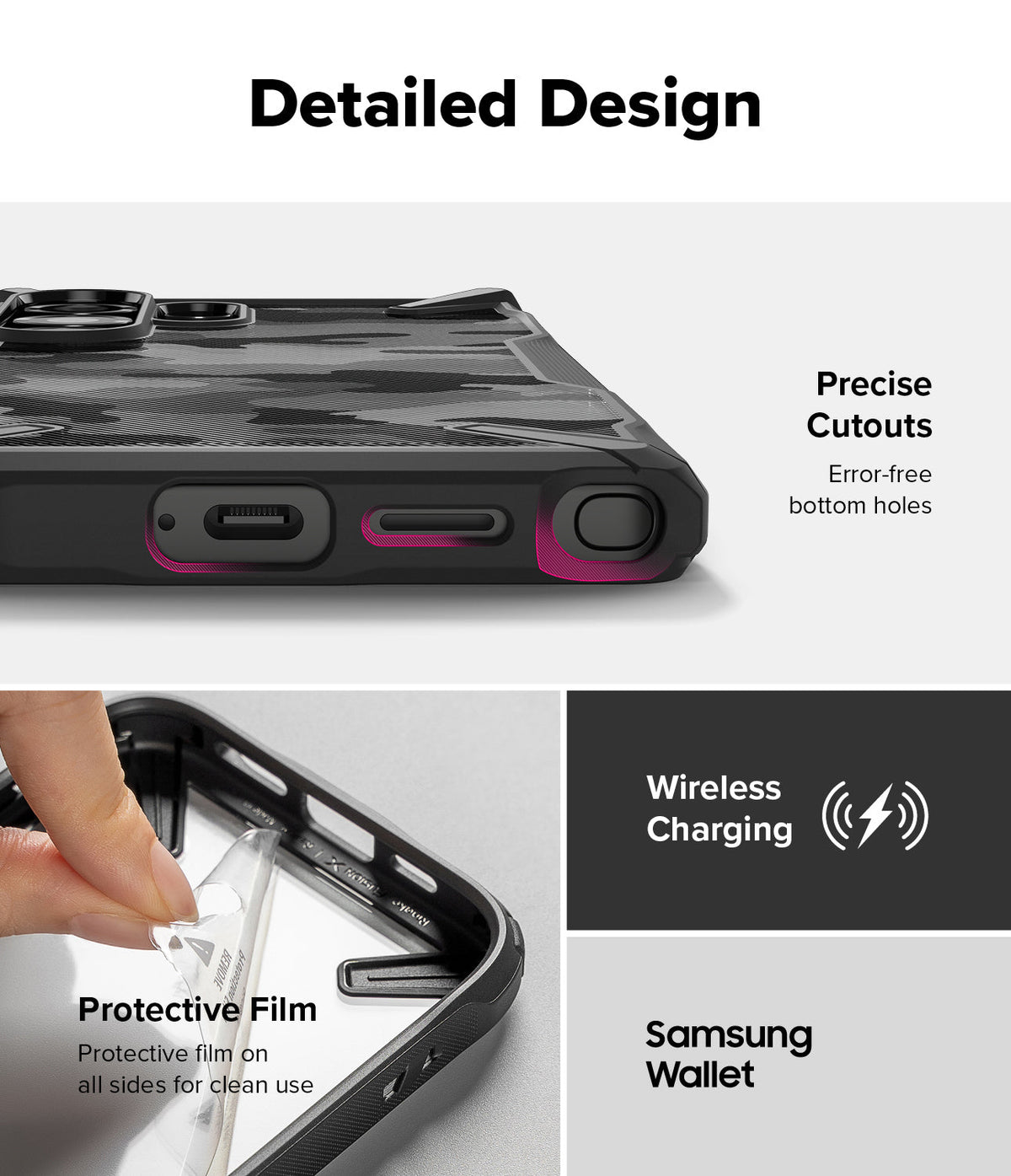 Galaxy S25 Ultra Case | Fusion-X - Close-up of phone case showing precise bottom cutouts, protective film, and wireless charging.