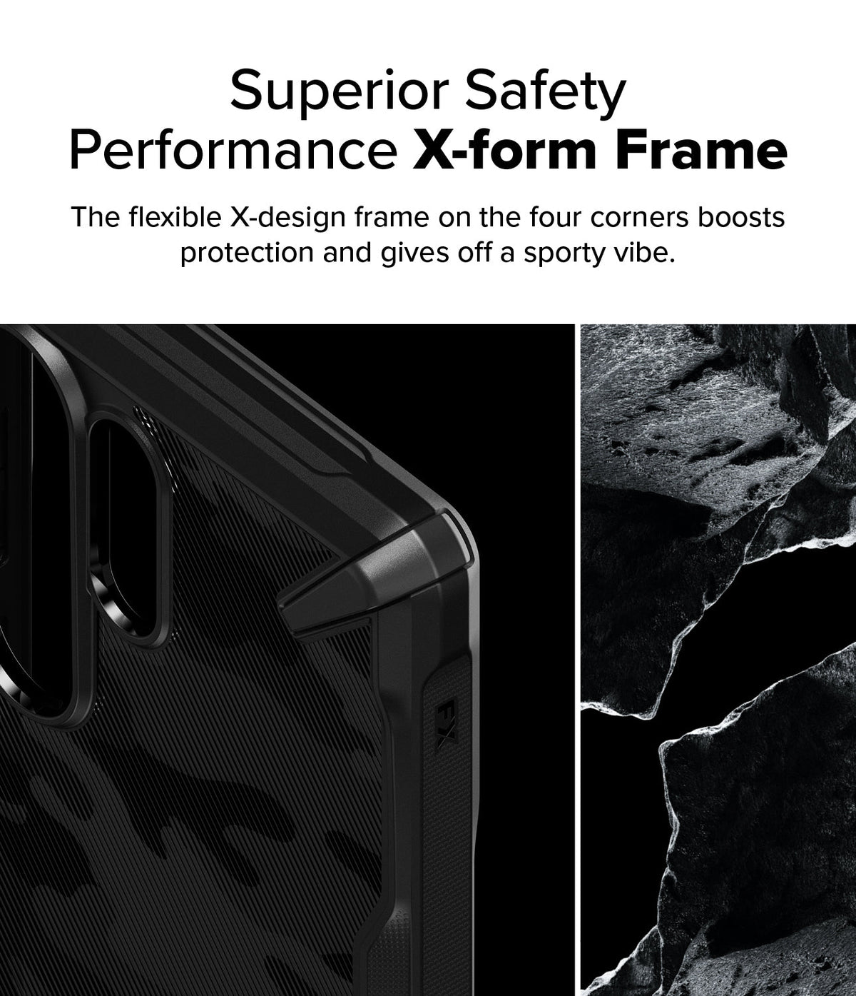 Galaxy S25 Ultra Case | Fusion-X - Close-up of a black phone case corner with a reinforced X-design frame against a rocky background.