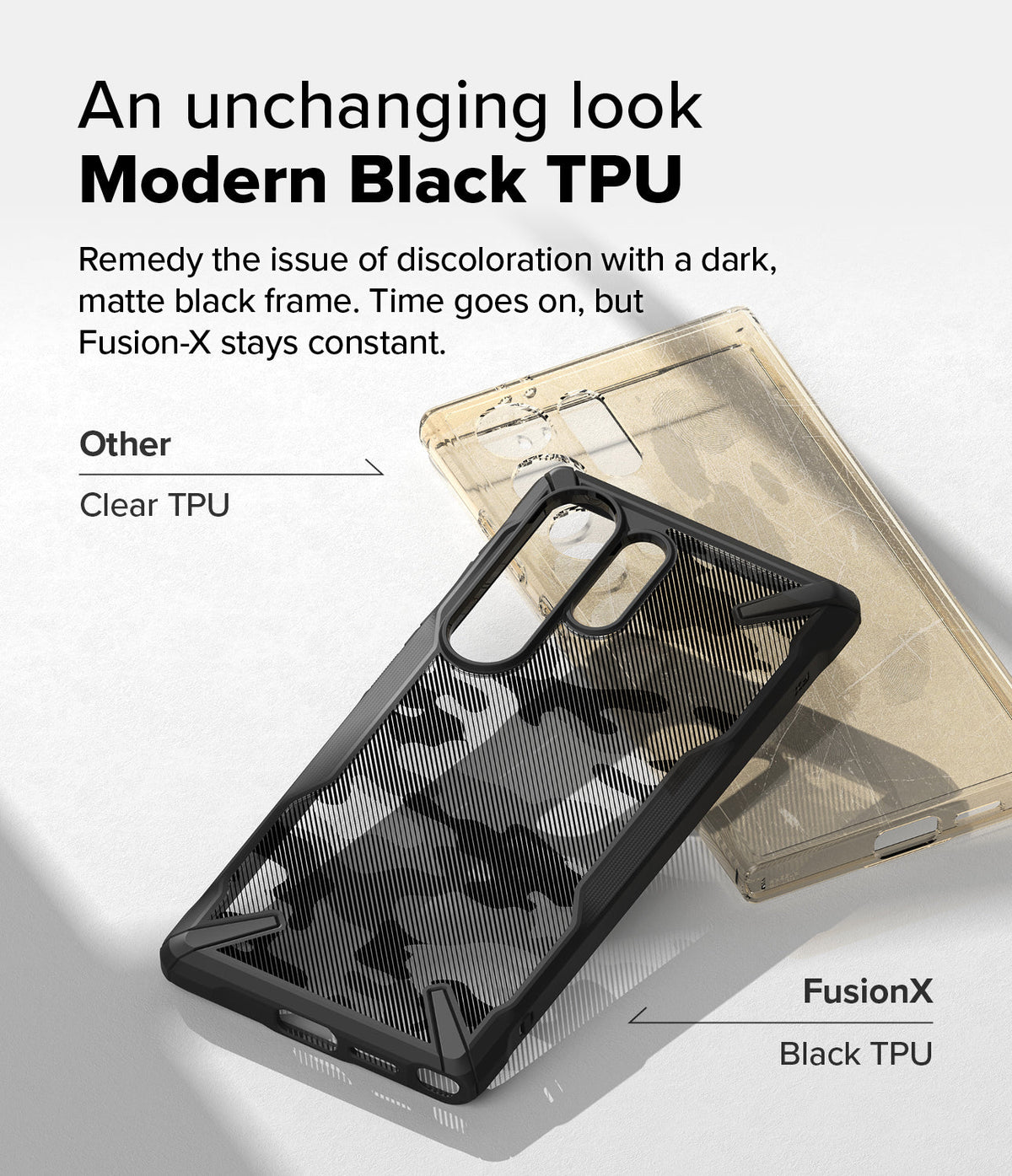 Galaxy S25 Ultra Case | Fusion-X - A black Fusion-X phone case compared to a discolored, yellowed clear TPU case.