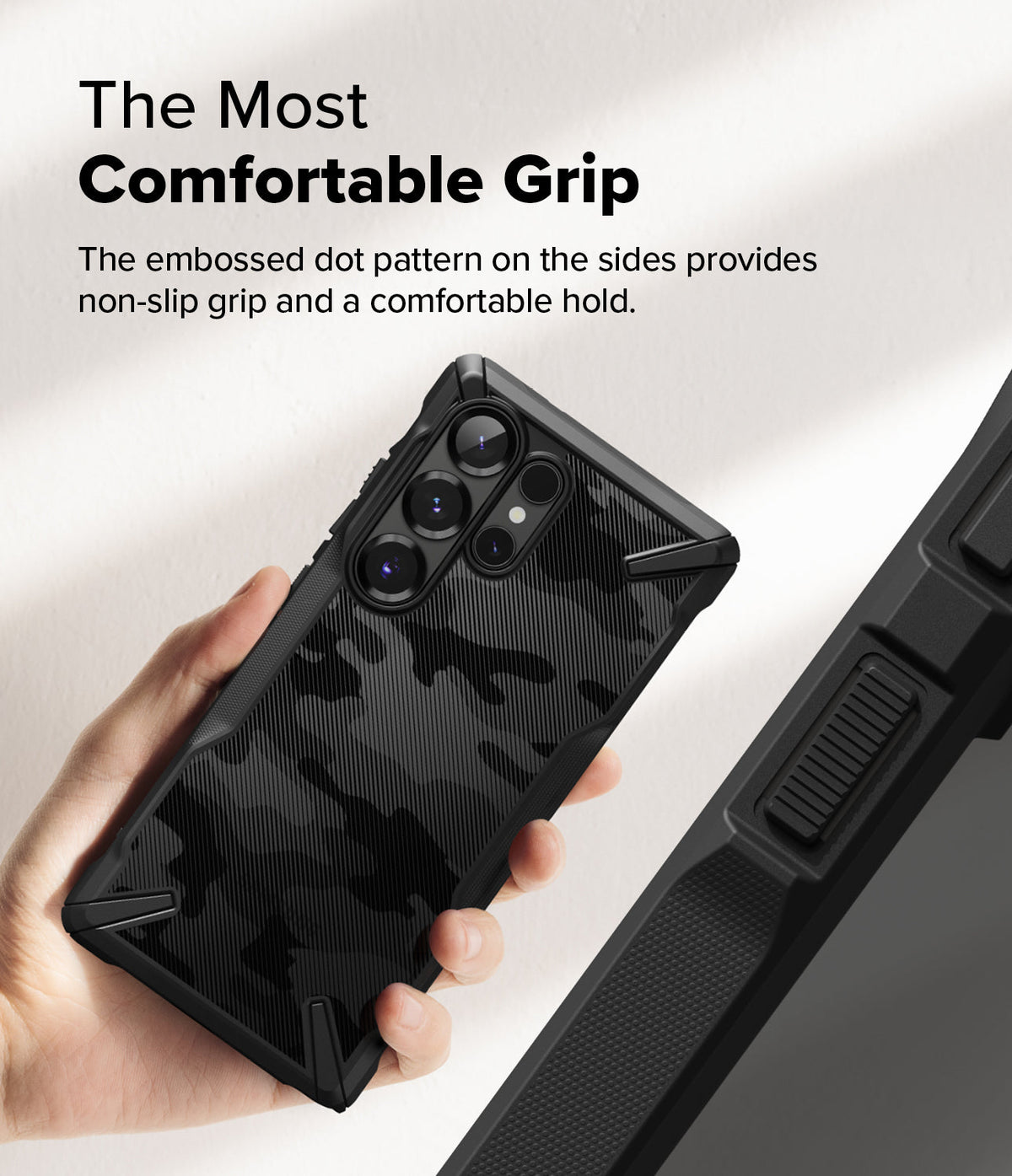 Galaxy S25 Ultra Case | Fusion-X - Hand holding a black camo phone case with side grip texture and reinforced corners.