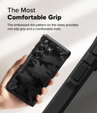 Galaxy S25 Ultra Case | Fusion-X - Hand holding a black camo phone case with side grip texture and reinforced corners.