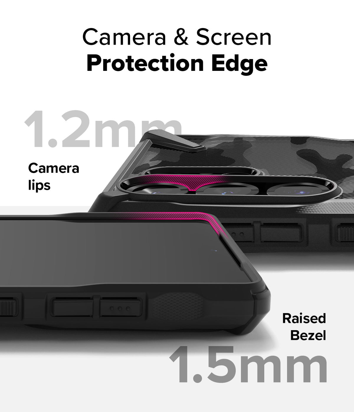 Galaxy S25 Ultra Case | Fusion-X - Close-up showing 1.2mm camera lips and 1.5mm raised screen bezel for device protection.